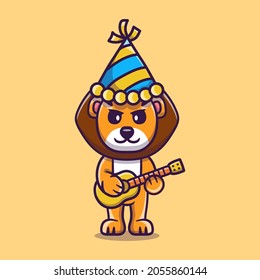cute lion celebrating new year with guitar, suitable for new year t-shirt design or cute animal new year mascot