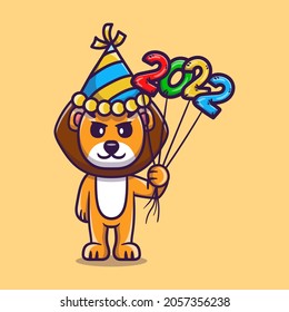 cute lion celebrating new year with 2022 balloons, suitable for t-shirt design or cute animal new year mascot