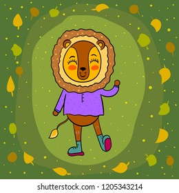 Cute lion character in autumn in a scarf, against a background of falling leaves .Vector.