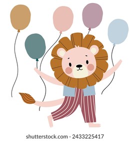 cute lion character with balloons. vector illustration
