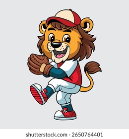Cute Lion character in baseball uniform preparing to pitch cartoon illustration