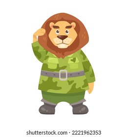 Cute lion character in camouflage cartoon illustration. Serious animal soldier in military uniform saluting officer. Army, zoo, warrior concept