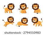 Cute Lion Character Clipart Set, Flat Vector Scandinavian Baby Lion Mascot Collection for Kids Sticker and Patterns