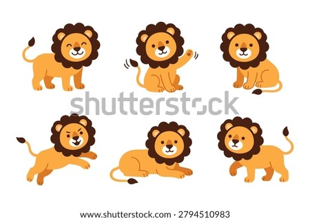 Cute Lion Character Clipart Set, Flat Vector Scandinavian Baby Lion Mascot Collection for Kids Sticker and Patterns