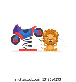 Cute Lion Character Crying Over Broken Motorcycle Vector Illustration