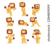 Cute Lion Character with Mane Engaged in Different Activity Vector Set
