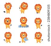 Cute Lion Character with Mane Engaged in Different Activity Vector Set