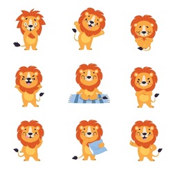 Cute Lion Character With Mane Engaged In Different Activity Vector Set