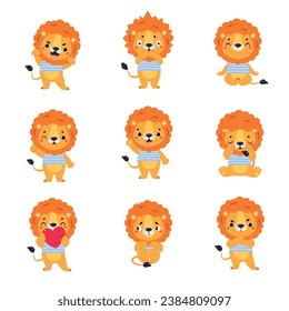 Cute Lion Character with Mane Engaged in Different Activity Vector Set