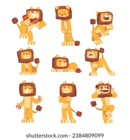 Cute Lion Character with Mane Engaged in Different Activity Vector Set