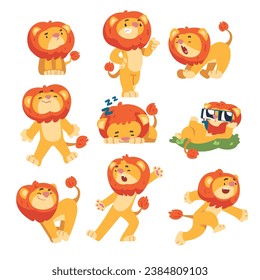 Cute Lion Character with Mane Engaged in Different Activity Vector Set