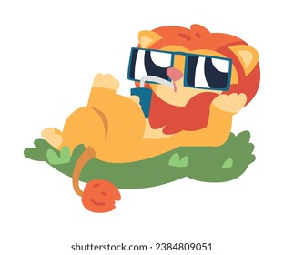 Cute Lion Character with Mane Lying in Sunglasses Drink Juice Vector Illustration