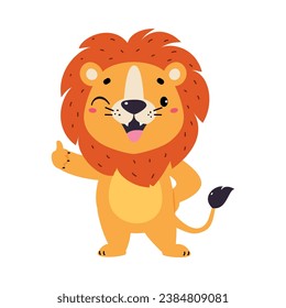 Cute Lion Character with Mane Show Thumb Up Vector Illustration