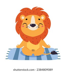 Cute Lion Character with Mane Sit on Mat and Meditate Vector Illustration