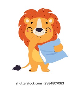 Cute Lion Character with Mane Stand with Pillow Vector Illustration