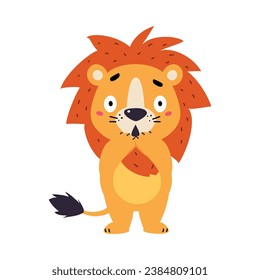 Cute Lion Character with Mane Stand Feel Scared Vector Illustration