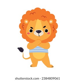 Cute Lion Character with Mane in Striped Shirt with Grumpy Snout Vector Illustration