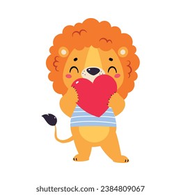 Cute Lion Character with Mane in Striped Shirt Hold Heart Vector Illustration