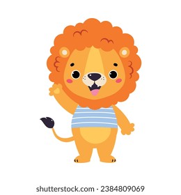 Cute Lion Character with Mane in Striped Shirt Greeting Waving Paw Vector Illustration