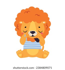 Cute Lion Character with Mane in Striped Shirt Crying Vector Illustration