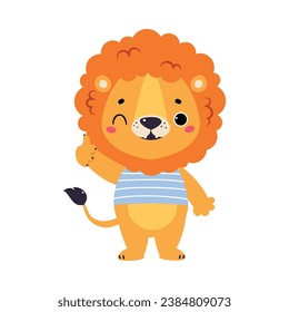 Cute Lion Character with Mane in Striped Shirt Wink and Smile Vector Illustration