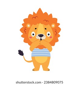 Cute Lion Character with Mane in Striping Shirt Gasp with Surprise Vector Illustration