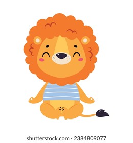 Cute Lion Character with Mane in Striped Shirt Meditate Vector Illustration