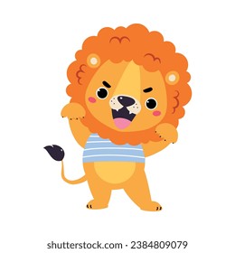 Cute Lion Character with Mane in Striped Shirt Roaring Vector Illustration