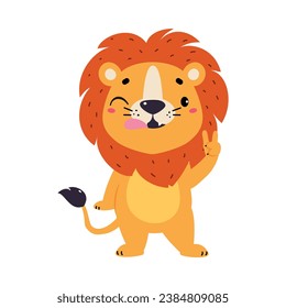 Cute Lion Character with Mane Wink and Gesture Vector Illustration