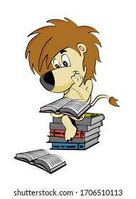 Cute lion Charakter liest ein Buch und 
Auf einem Stapel Bücher sitzen. Vektorillustration im Cartoon-Stil.