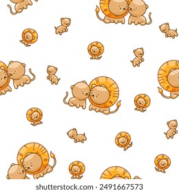 Cute lion character. Seamless pattern. Kawaii mammal animal different poses. Vector drawing. Design ornaments.