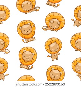 Cute lion character. Seamless pattern. Kawaii mammal animal different poses. Vector drawing. Design ornaments.