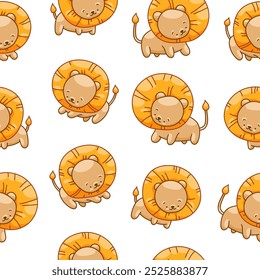 Cute lion character. Seamless pattern. Kawaii mammal animal different poses. Vector drawing. Design ornaments.