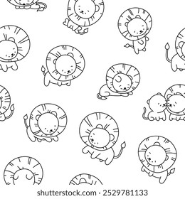 Cute lion character. Seamless pattern. Coloring Page. Kawaii mammal animal different poses. Vector drawing. Design ornaments.