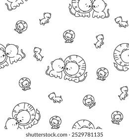 Lindo personaje de león. Patrón sin fisuras. Página para colorear. Animal de mamífero kawaii diferentes poses. Dibujo de Vector. Diseña adornos.