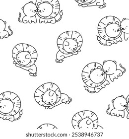 Cute lion character. Seamless pattern. Coloring Page. Kawaii mammal animal different poses. Vector drawing. Collection of design ornaments.