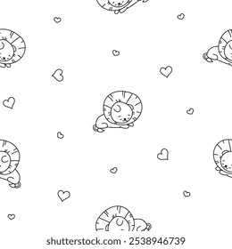 Cute lion character. Seamless pattern. Coloring Page. Kawaii mammal animal different poses. Vector drawing. Collection of design ornaments.