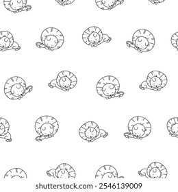 Cute lion character. Seamless pattern. Coloring Page. Kawaii mammal animal different poses. Vector drawing. Design ornaments.