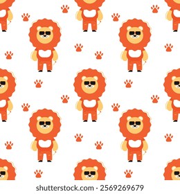 Cute lion character seamless pattern with glasses, kid textile. Vector illustration, texture for fabric, wallpaper