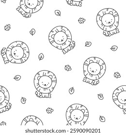 Cute lion character. Seamless pattern. Coloring Page. Kawaii mammal animal different poses. Vector drawing. Design ornaments.