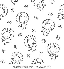 Cute lion character. Seamless pattern. Coloring Page. Kawaii mammal animal different poses. Vector drawing. Design ornaments.