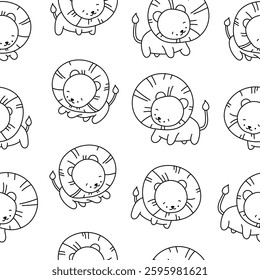Cute lion character. Seamless pattern. Coloring Page. Kawaii mammal animal different poses. Vector drawing. Design ornaments.
