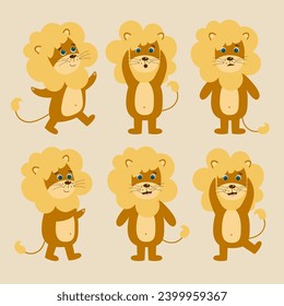 Cute lion character vector set of illustrations. Jungle and wildlife animals poses and emotions.
