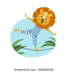 Cute lion character walking on the rope. Anthropomorphic lion rope walker. Vector illustration