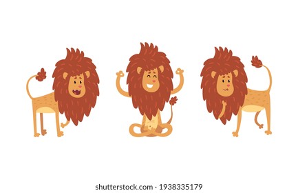 Cute Lion Characters in Different Actions Set, Funny African Animal in Various Poses Cartoon Vector Illustration