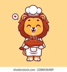 Cute Lion Chef Cooking Steak Meat Cartoon Vector Icon Illustration. Animal Food Icon Concept Isolated Premium Vector. Flat Cartoon Style