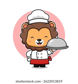 Cute Lion Chef Serving Food Mascot Animal Character Icon Illustration. Flat Cartoon Style Suitable for Web Landing Page, Banner, Sticker, Card