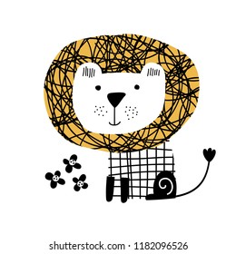 Cute lion. Childish illustration in scandinavian style. Can be used print print for t-shirts, home decor, posters, cards.