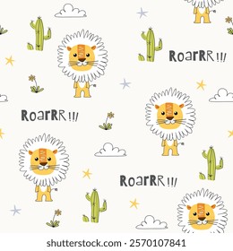 Cute lion childish seamless pattern with star, cloud and cactus flower. Suitable for wrapping paper, t-shirt, printing, packaging, fabric, postcard, clothing and others