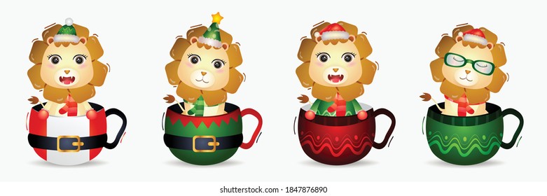 cute lion christmas characters collection with a hat, jacket, scarf and gift box in the christmas cup